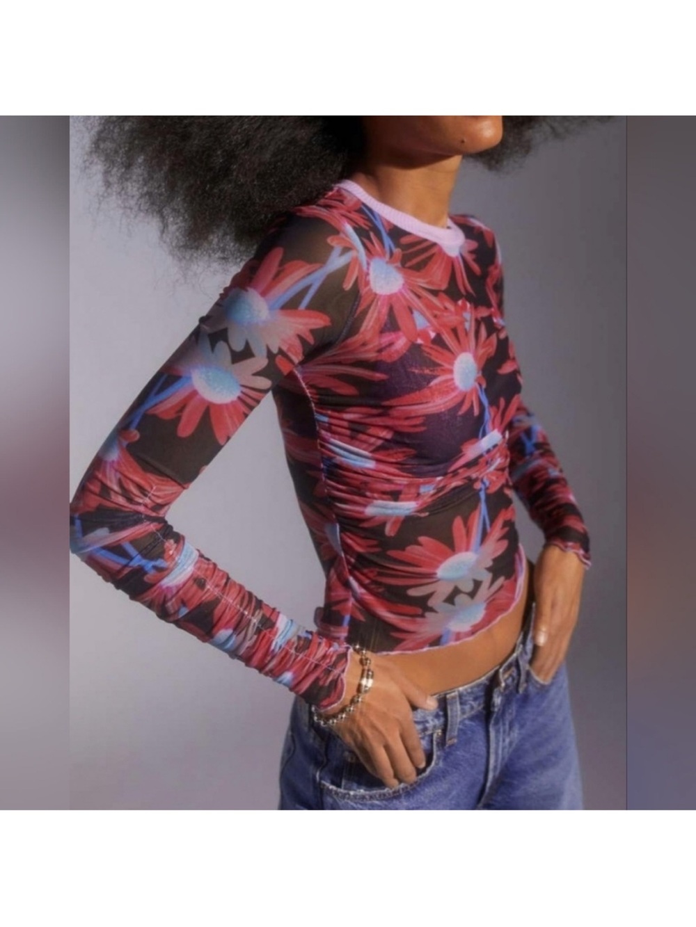 Urban Outfitters Sia Rushed Red/Blue Floral Mesh Top sz. M
